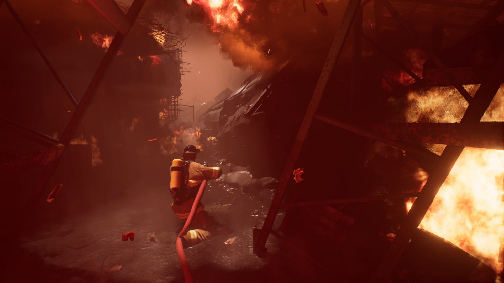 A firefighter advancing a hose line through a collapsing, burning structure