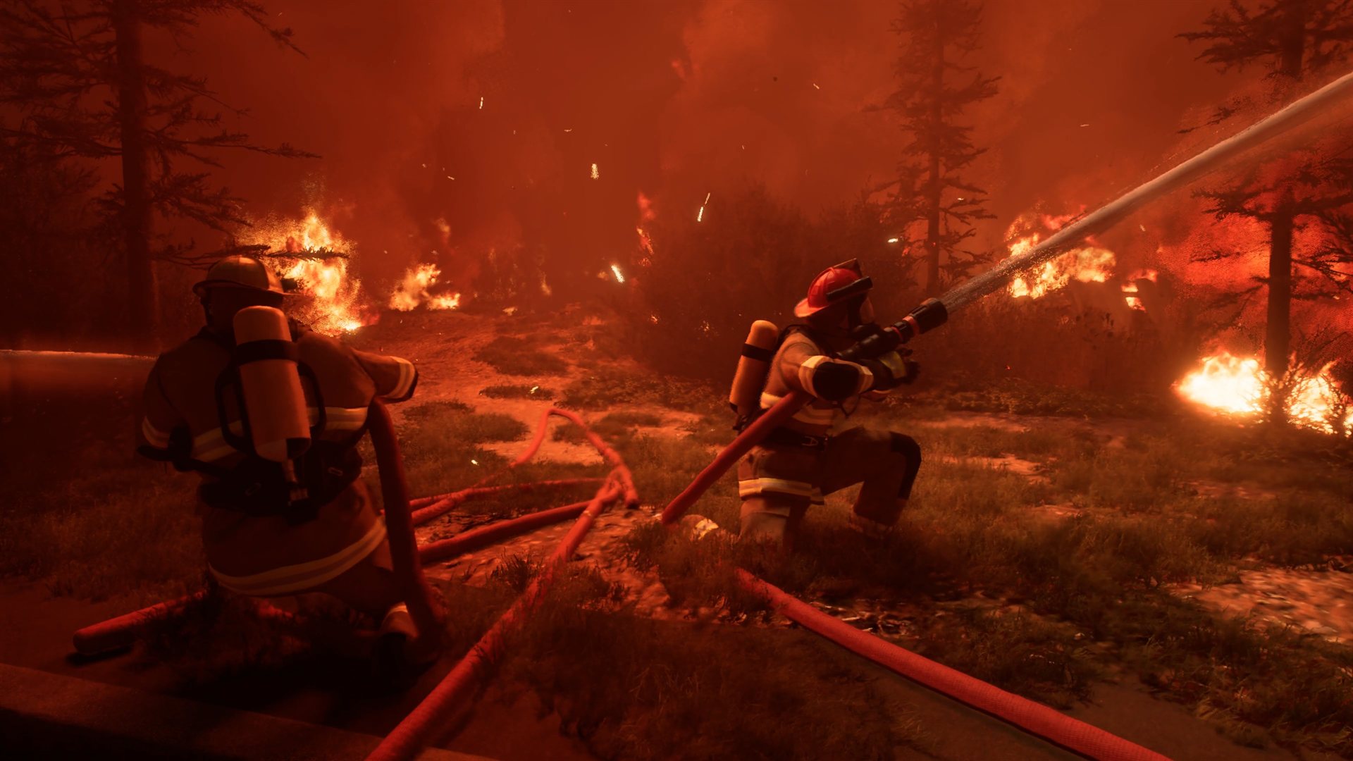 Two firefighters aiming a hose stream into a burning forest at night