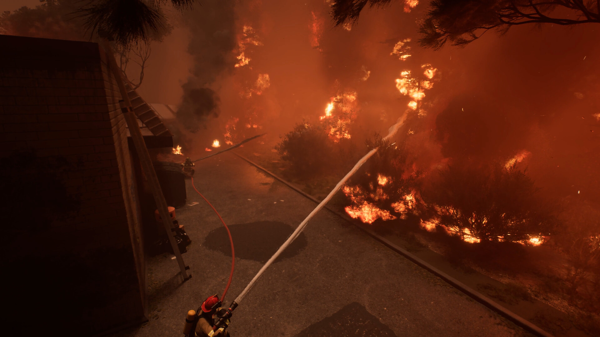 A firefighter on a rooftop spraying water onto a spreading wildfire